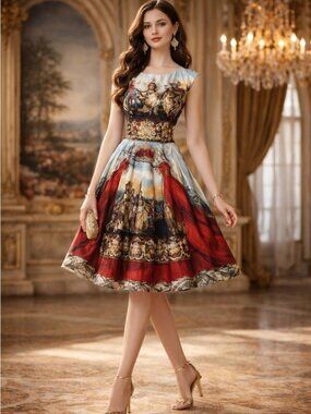 Via Silk Renaissance Art Print Silk Blend Dress Small Royalcore Baroque